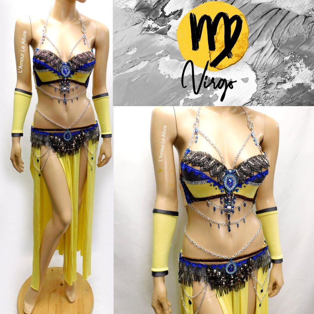 Virgo Embellished Yellow & Blue Belly Dance Bra Set